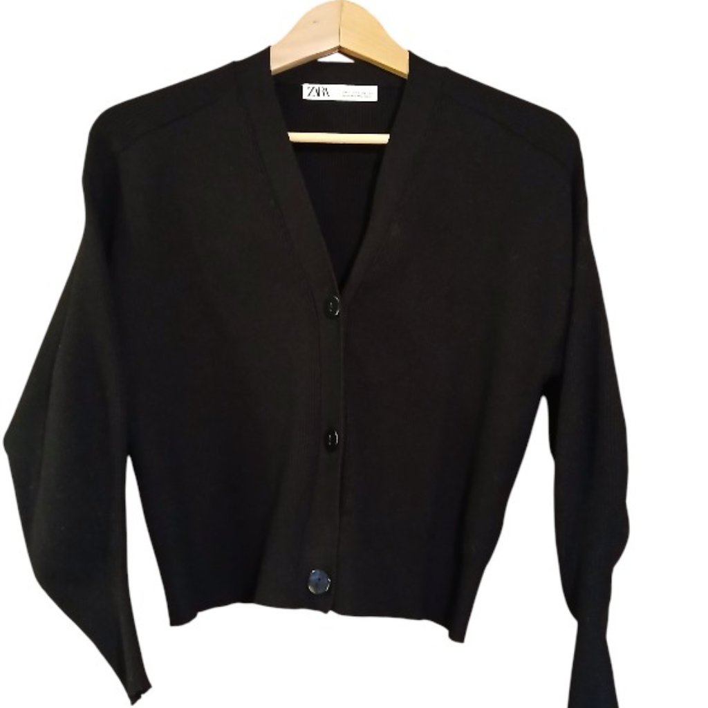 Zara Black Ribbed Button Knit Crop Balloon Sleeve Cardigan